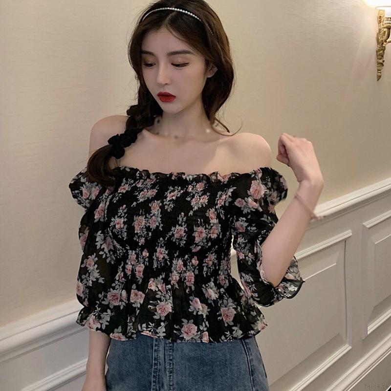 Áo voan croptop hoạ tiết hoa thiết kế trễ vai quyến rũ