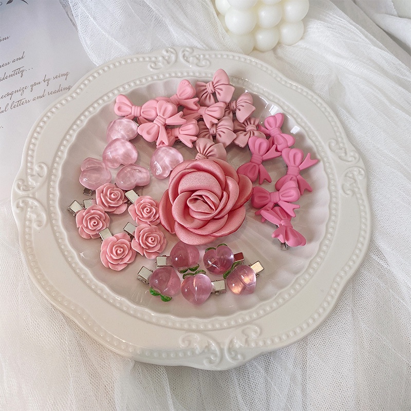 Kẹp Tóc Hình Trái Tim/Hoa Trà/Quả Đào Màu Hồng Xinh Xắn