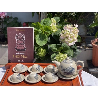 Ấm chén men rạn cổ Bát Tràng-bộ Chóp Lửa vẽ Sen