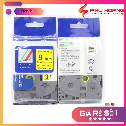 Nhãn in TZ2-FX621, Khổ rộng 9mm, chữ đen nền vàng, siêu dẻo, bám dính cao, chống thấm nước