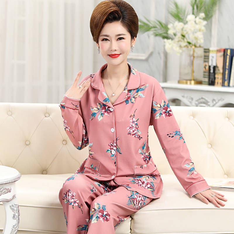 Bộ Đồ Ngủ Tay Dài Vải Cotton Thời Trang Xuân Thu Cho Phụ Nữ Trung Niên Plus Size