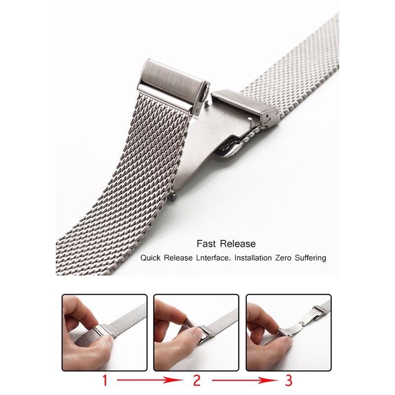 DÂY MESH CHO ĐỒNG HỒ DÙNG CHỐT THÔNG MINH VÀ KHOÁ 2 LỚP + TẶNG CHỐT THÔNG MINH