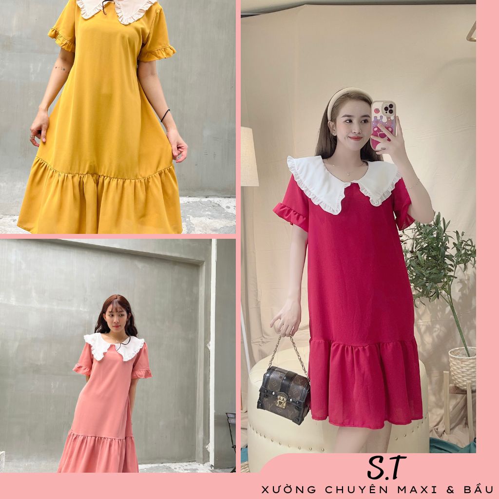 Váy bầu đi chơi, công sở siêu dễ thương chất liệu lụa hàn đỏ cổ trắng, tay bèo, đuôi tầng siêu dễ thương
