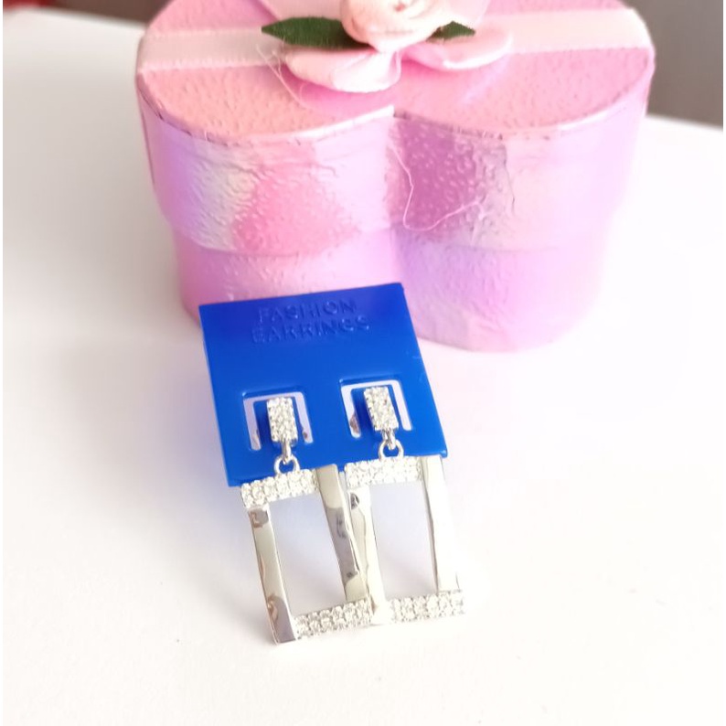 Bông tai bạc hình chữ nhật đính đá pha lê trắng bảo hành vĩnh viễn