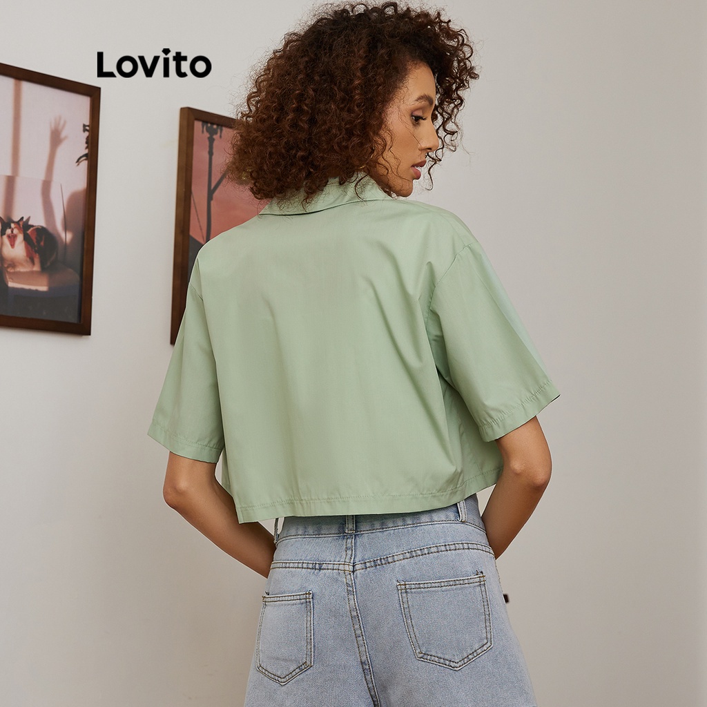 Áo kiểu Lovito có cổ màu trơn phong cách cơ bản thường ngày L19D364 (Xanh lá hạt đậu)