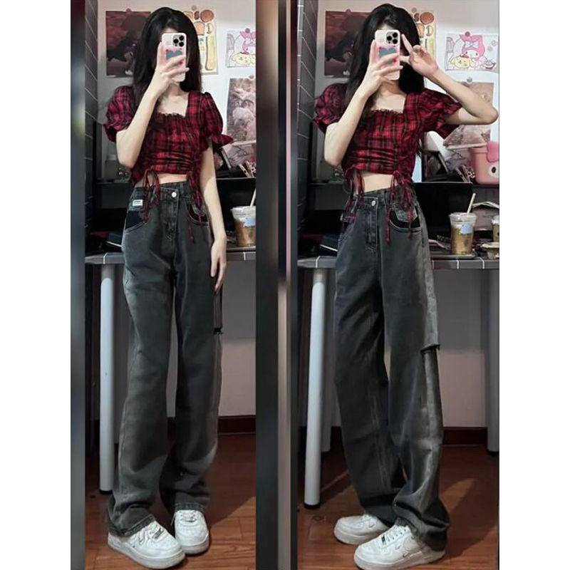 Bộ Đồ Áo Kẻ Ca Rô Mùa Hè Áo Sơ Mi Ngắn Tay Ôm Sát Niche Mới Mùa Hè Cho Nữ Quần Đùi Cạp Cao