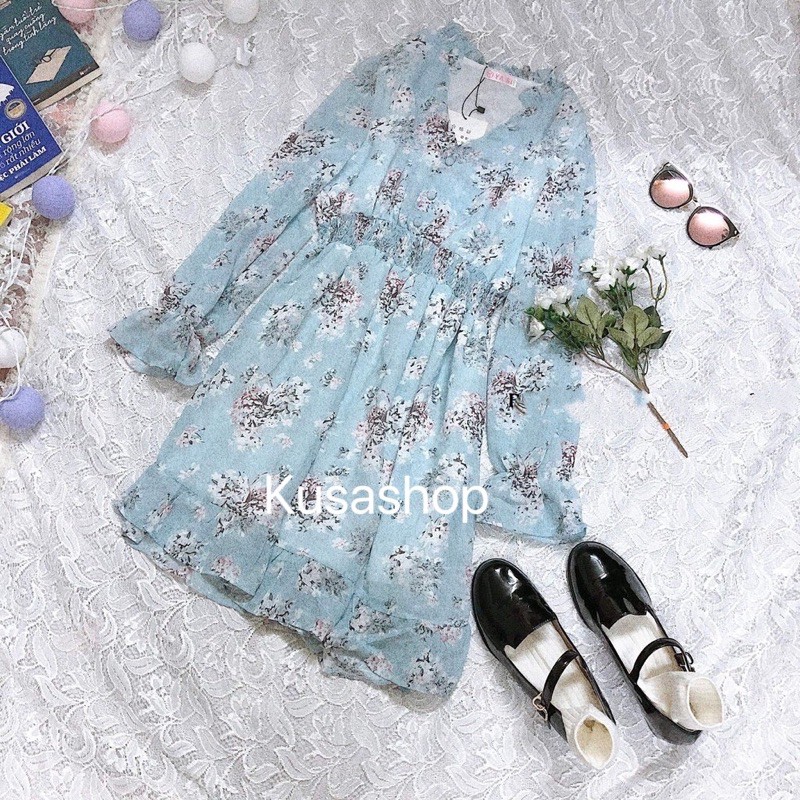 Váy Hoa Nhí Voan, Váy Vintage Hàn quốc cổ tim cúc bọc xinh Ulzzang (hình thậy/ sẵn) | BigBuy360 - bigbuy360.vn