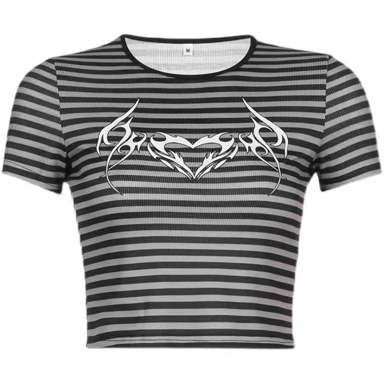 Áo Croptop Tay Ngắn Cổ Tròn In Họa Tiết Kẻ Sọc Phong Cách Hàn Quốc Thời Trang Mùa Hè Cho Nữ y2k