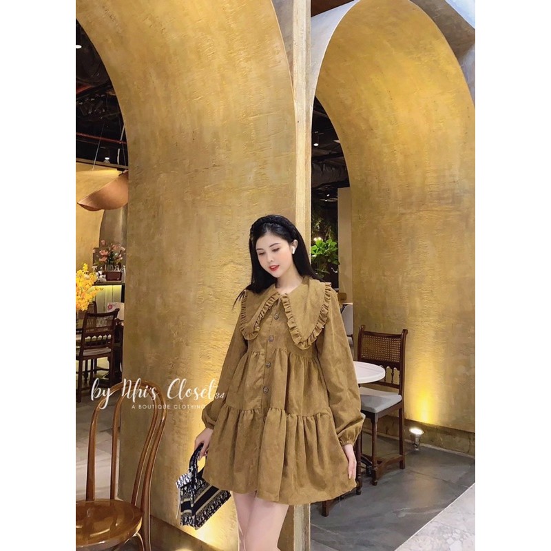 Đầm babydoll cổ peter màu nâu tây (Ảnh chụp thật)