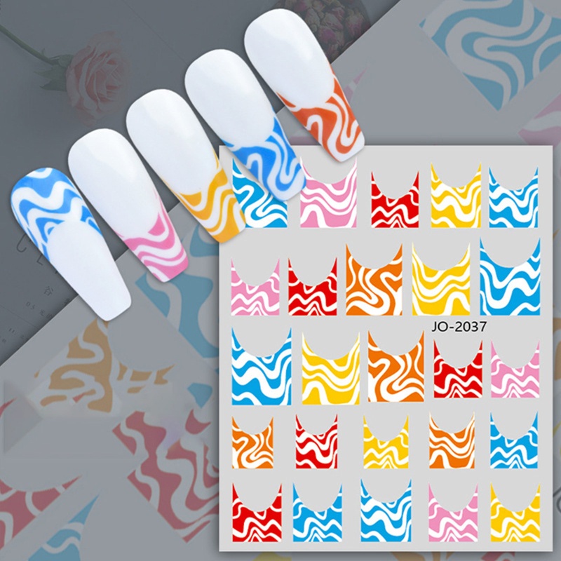 Youyo Set 12 Miếng Dán Móng Tay Tự Dính Họa Tiết Đường Kẻ Kiểu Pháp Hình Học
