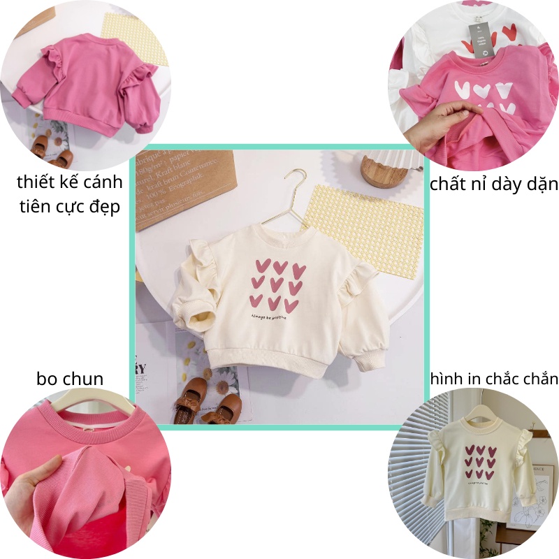 Áo nỉ bé gái set 2 áo cánh tiên hình tim chất nỉ cao cấp mềm mịn JIMADO