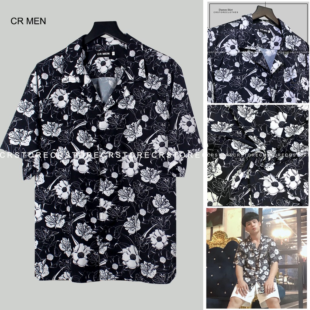 Áo Sơ Mi Cổ Vest Màu Đen Họa Tiết Hoa Trắng. Sơ mi tay lỡ ngắn tay unisex nam nữ trơn vải lụa mềm SMNT635