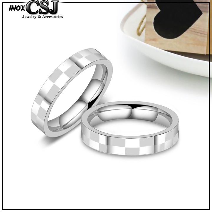 02 chiếc nhẫn cặp đôi tình nhân inox cao cấp họa tiết caro đẹp, không đen - tặng hộp đựng xinh xắn