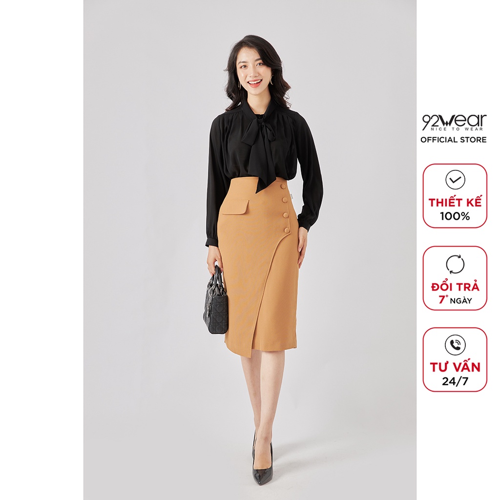 Áo sơ mi nữ dài tay nơ cổ 92WEAR,thiết kế công sở thanh lịch,vải voan cao cấp ASA1212