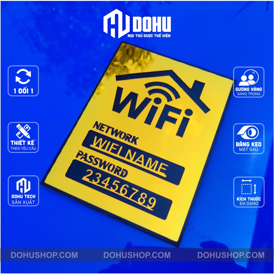 [SIÊU RẺ] Bảng Free Wifi, Ghi Mật Khẩu Wifi Làm Bằng Gương Vàng Và Gỗ Sang Trọng, Đẳng Cấp - Có Băng Keo Dán -DH139