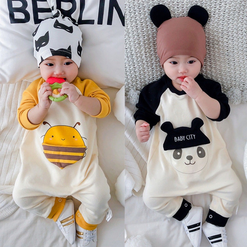 Bộ áo liền quần tay dài chất liệu cotton phong cách Hàn Quốc thời trang xuân thu cho bé sơ sinh 0-1 tuổi