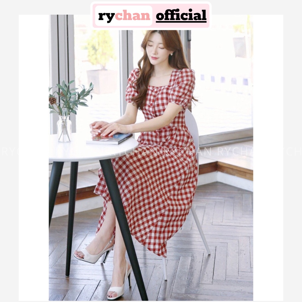 [ẢNH THẬT CUỐI] Đầm Xòe Midi Caro Cổ Vuông Đính Nút Bọc Tay Ngắn - DX991