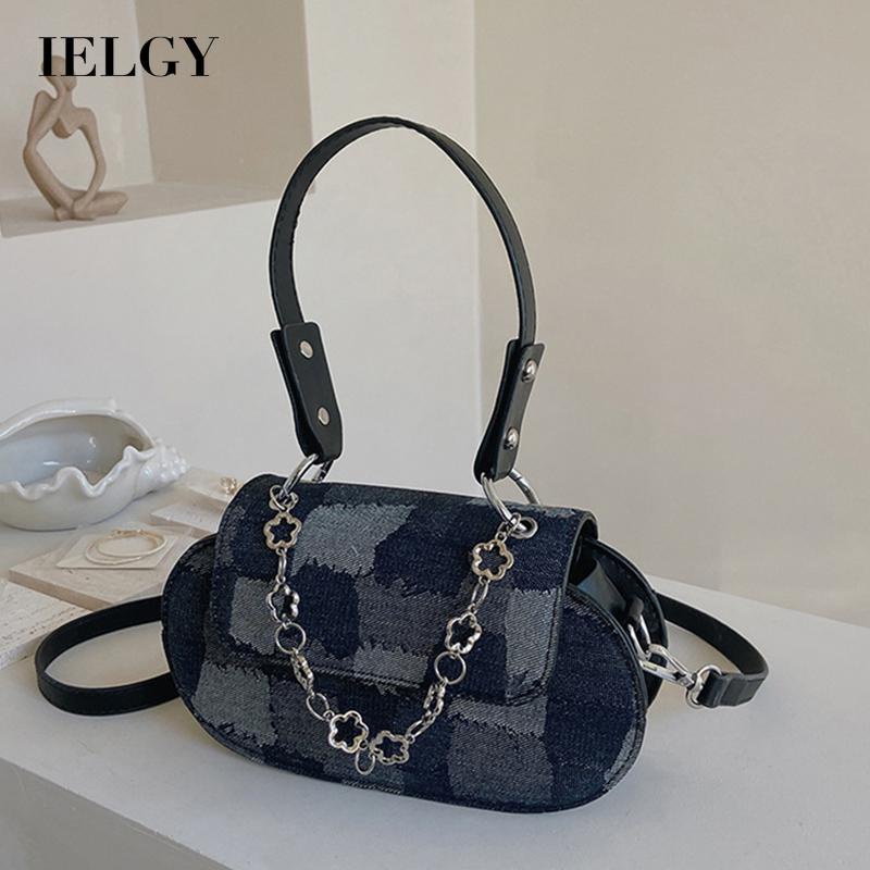 Túi đeo vai IELGY kẻ sọc caro phối chuỗi xích thời trang phong cách Hàn Quốc cho nữ