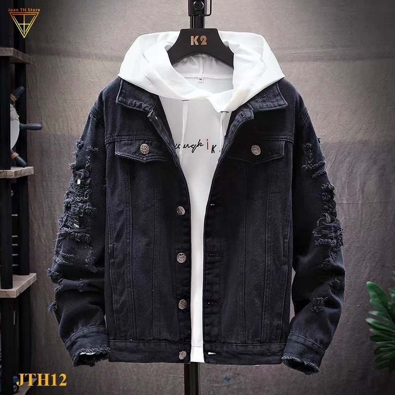 Áo khoác jeans nam trắng và đen nam cao cấp kiểu rách tay