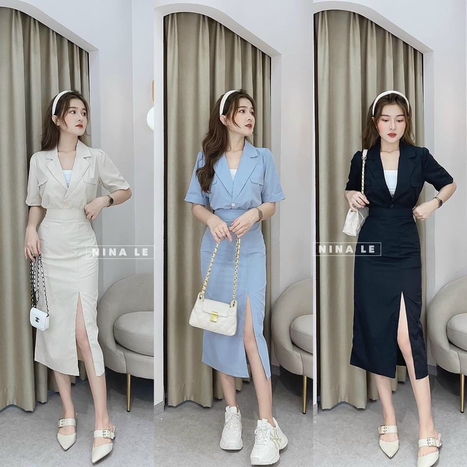 Set 3 món : áo cổ V vest tay lở túi nắp + áo croptop 2 dây trắng + chân váy xẻ dáng ôm dài qua gối u