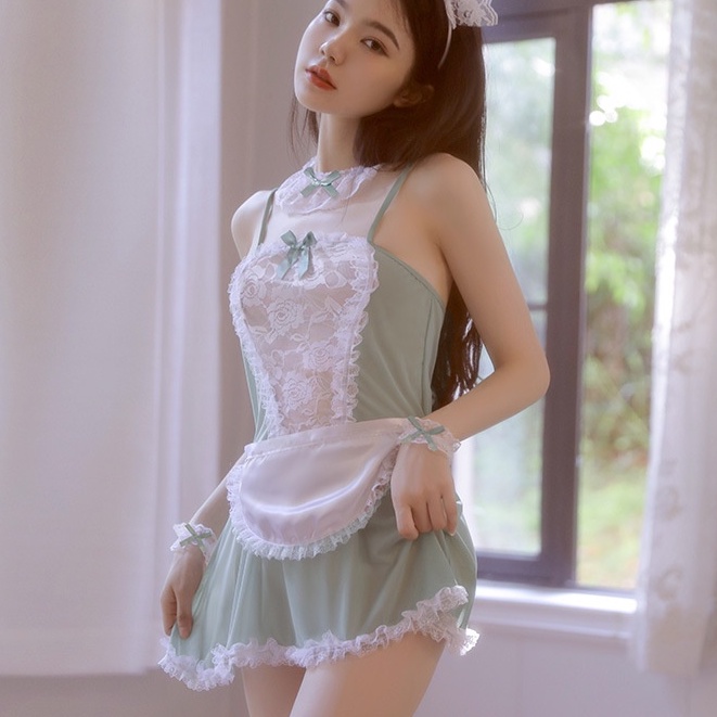 Cosplay nàng hầu gái ren lưới 3 màu xuyên thấu sexy -váy ngủ 2 dây gợi cảm đầy đủ phụ kiện