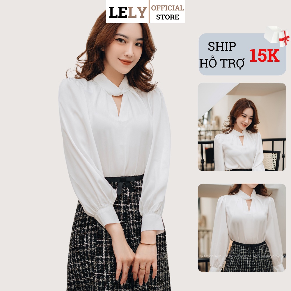 Áo sơ mi nữ Lely Fashion sơmi kiểu dài tay vải cao cấp thời trang công sở màu trắng đi học cổ nơ khoét lụa đẹp A547