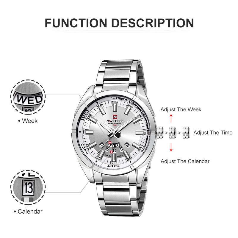 Đồng Hồ quartz Nam naviforce nf9038 Chống Thấm Nước Dây Thép Phong Cách Quân Đội
