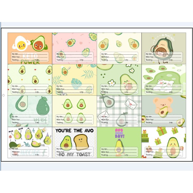 nhãn vở quả bơ avocado NV18 hoạt hình set 16 chiếc có keo dán sẵn