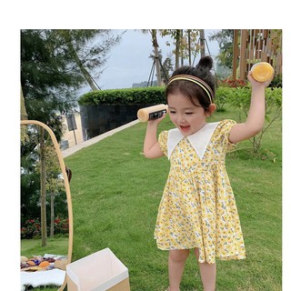 Váy hoa nhí cổ nhọn mùa hè chất liệu cotton mát mẻ thoáng khí cho bé gái size 1-5 tuổi