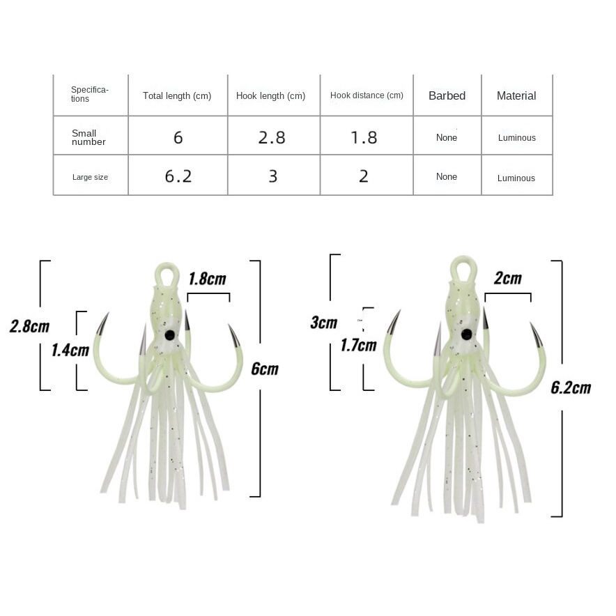 Mồi Câu Cá Giả Hình Bạch Tuộc Dạ Quang 4 Móc Mềm