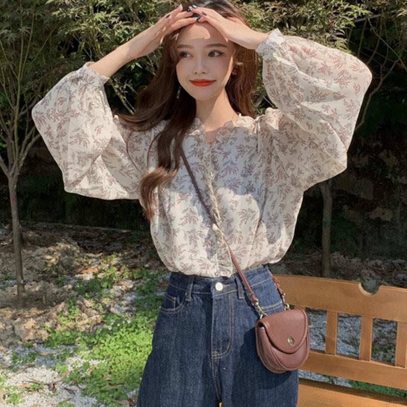 Áo nữ vải chiffon dáng rộng tay bo phồng họa tiết hoa duyên dáng phong cách Hàn