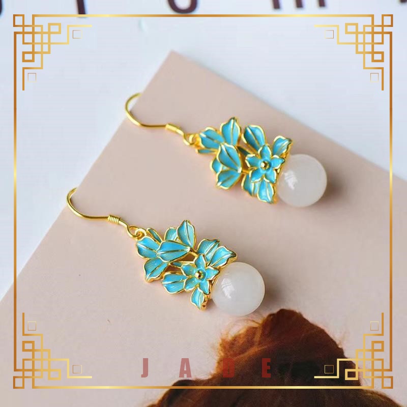 Khuyên Tai Bạc S925 Đính Đá Ngọc Bích Xanh Dương Sáng Bóng S925