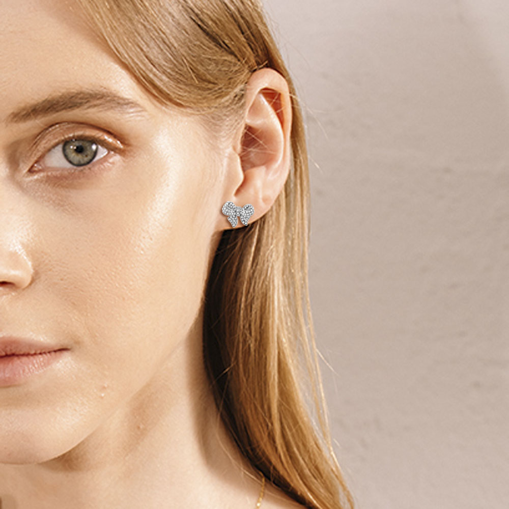 Hoa Tai Xi Bạc Phối Nơ Đính Đá Lấp Lánh Cho Nữ