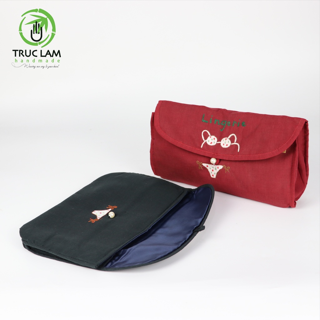 Ví Cầm Tay Nữ Túi Mỹ Phẩm Du Lịch Nắp Gập Họa Tiết Thêu Bikini Trúc Lâm Handmade