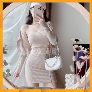 Set áo cardigan dây rút kèm áo 2 dây chân váy bo tăm 💖FREESHIP💖Áo 2 dây mix chân váy AD145 Sunnystore.