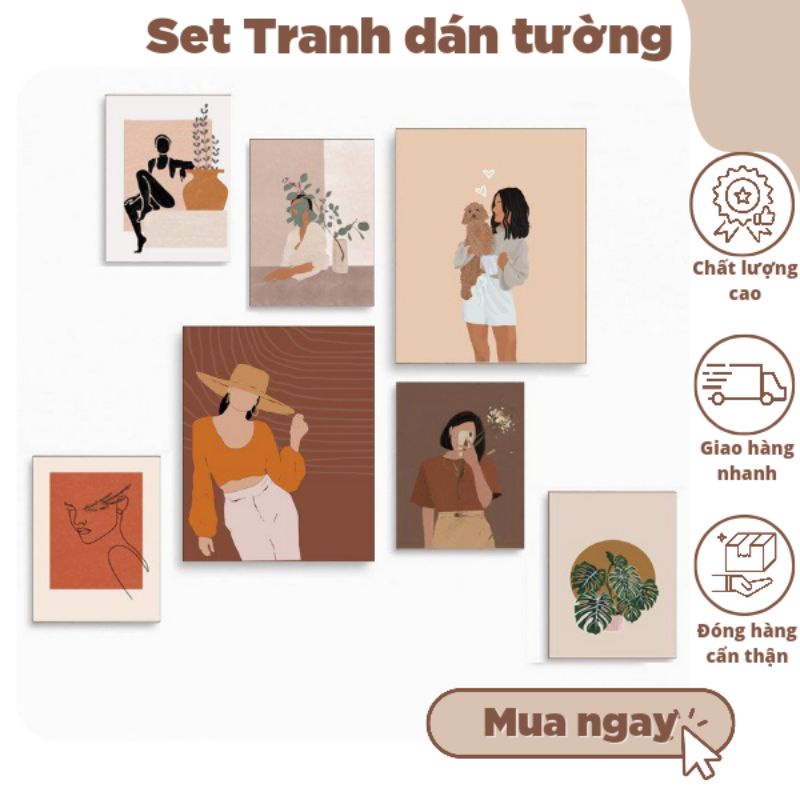 Bộ 7 tranh trang trí phòng ngủ TGKA cỡ vừa dày 5mm dán tường, để kệ. có sẵn băng keo 2 mặt