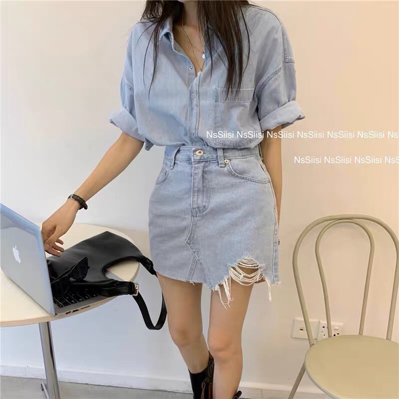Set áo sơ mi denim + chân váy jean rách