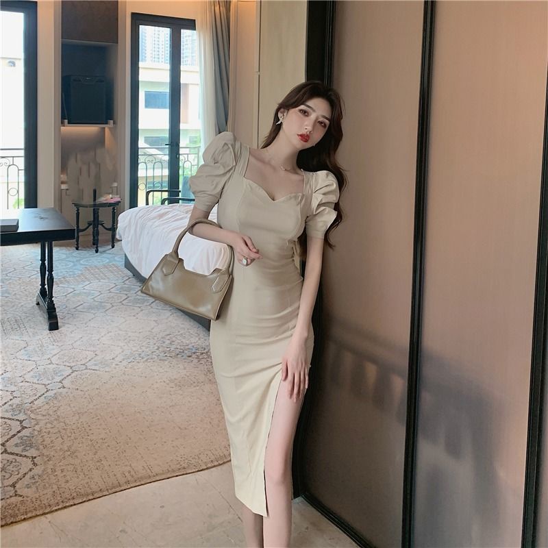 COZOK Đầm Tay Phồng Dài Dáng Ôm Xẻ Tà Cao Thời Trang Cho Nữ