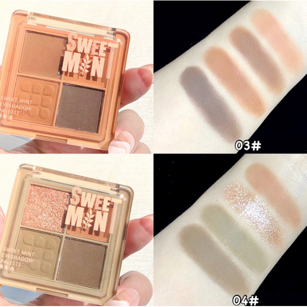[Hàng mới về]Bảng Phấn Mắt SWEET MINT 4 Màu Lì Và Màu Nhũ Kim Tuyến Trang Điểm Lâu Trôi