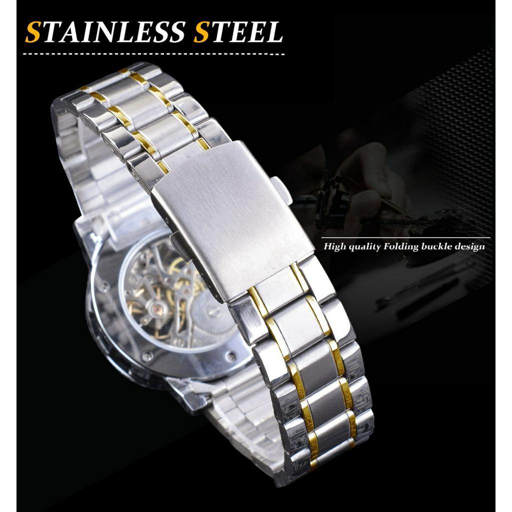 Forsining Đồng Hồ Đeo Tay Cơ Khí Bằng Thép Không Gỉ Màu Vàng Kim Cương Thời Trang Dành Cho Nam