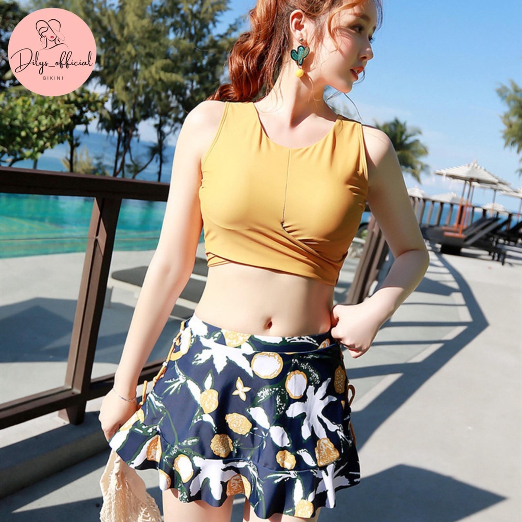 Bikini 3 món đi biển kín đáo DILYS BK37, Đồ bơi nữ phong cách hàn quốc áo 3 lỗ có quần kèm chân váy trẻ trung