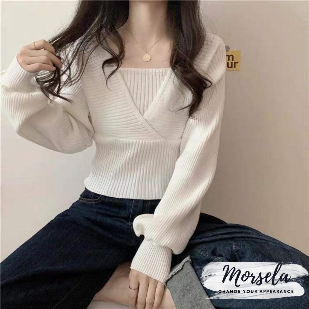 Áo trễ vai tay dài cổ yếm ôm body -Len tăm - chất siêu dãn siêu mịn- Áo croptop nữ kiểu Hàn Quốc - Morsela | BigBuy360 - bigbuy360.vn