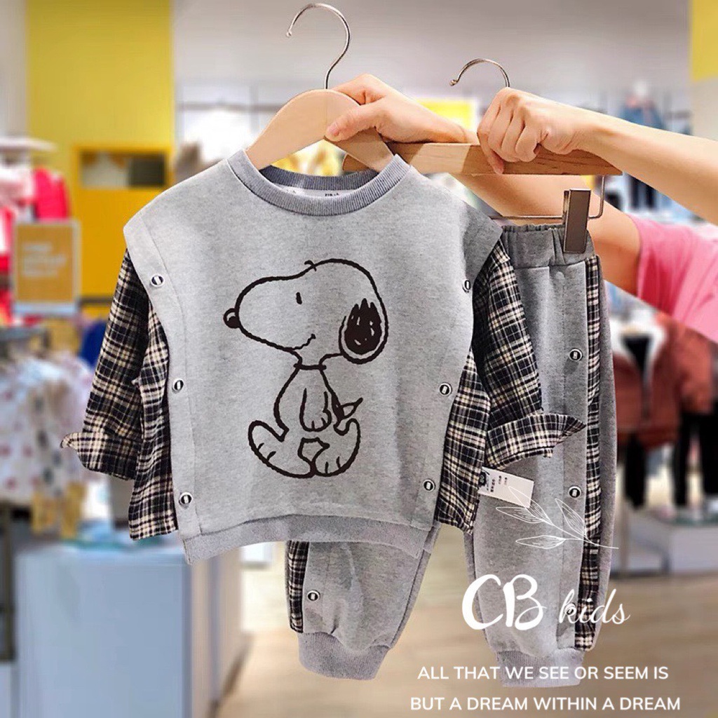 Quần áo thu đông bé trai, quần áo dài tay chất da cá phối kẻ cá tính họa tiết chú chó Snoopy to cho bé