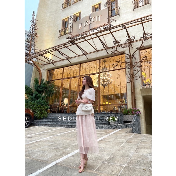 Bright Love Top - áo tơ SEDUISANT dáng xoè cổ bèo/ Loria Midi Dress - chân váy tơ dài xếp ly cao cấp