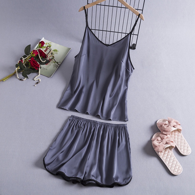 Set đồ ngủ vải lụa satin lạnh mềm mại dáng rộng màu trơn phong cách đơn giản thời trang cho nữ