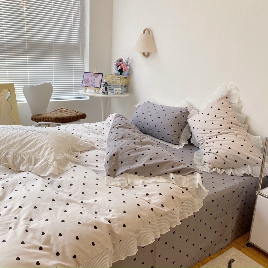 Bộ chăn ga gối Cotton 100% viền bèo - Tim Đen