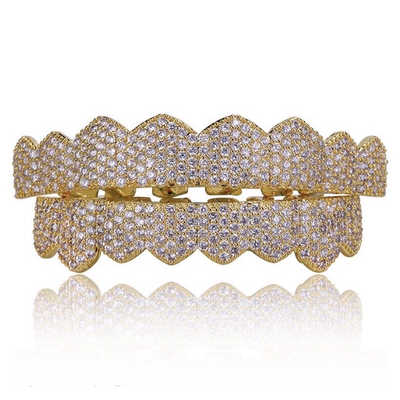 Hai hàm trang sức răng grillz đính full đá không viền 18k hiphop