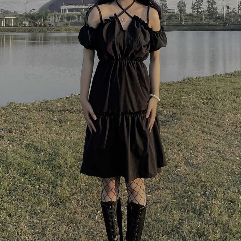 Váy 2 dây đen, đầm trễ vai angel buộc nơ xixeoshop - v82 | BigBuy360 - bigbuy360.vn
