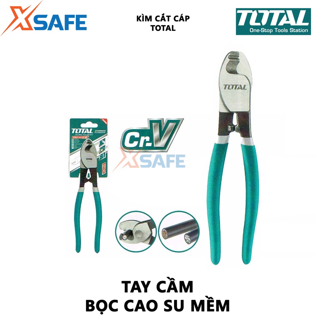 Kìm cắt cáp điện TOTAL Kềm cắt thép carbon 55# đen bóng, gồm 3 size 6-8-10 inch, dùng cắt dây điện, cáp đồng, dây cáp