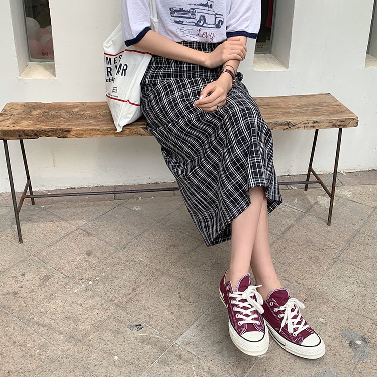SUXI Chân Váy Chữ A Lưng Cao Họa Tiết Kẻ Sọc Phong Cách Hàn Quốc